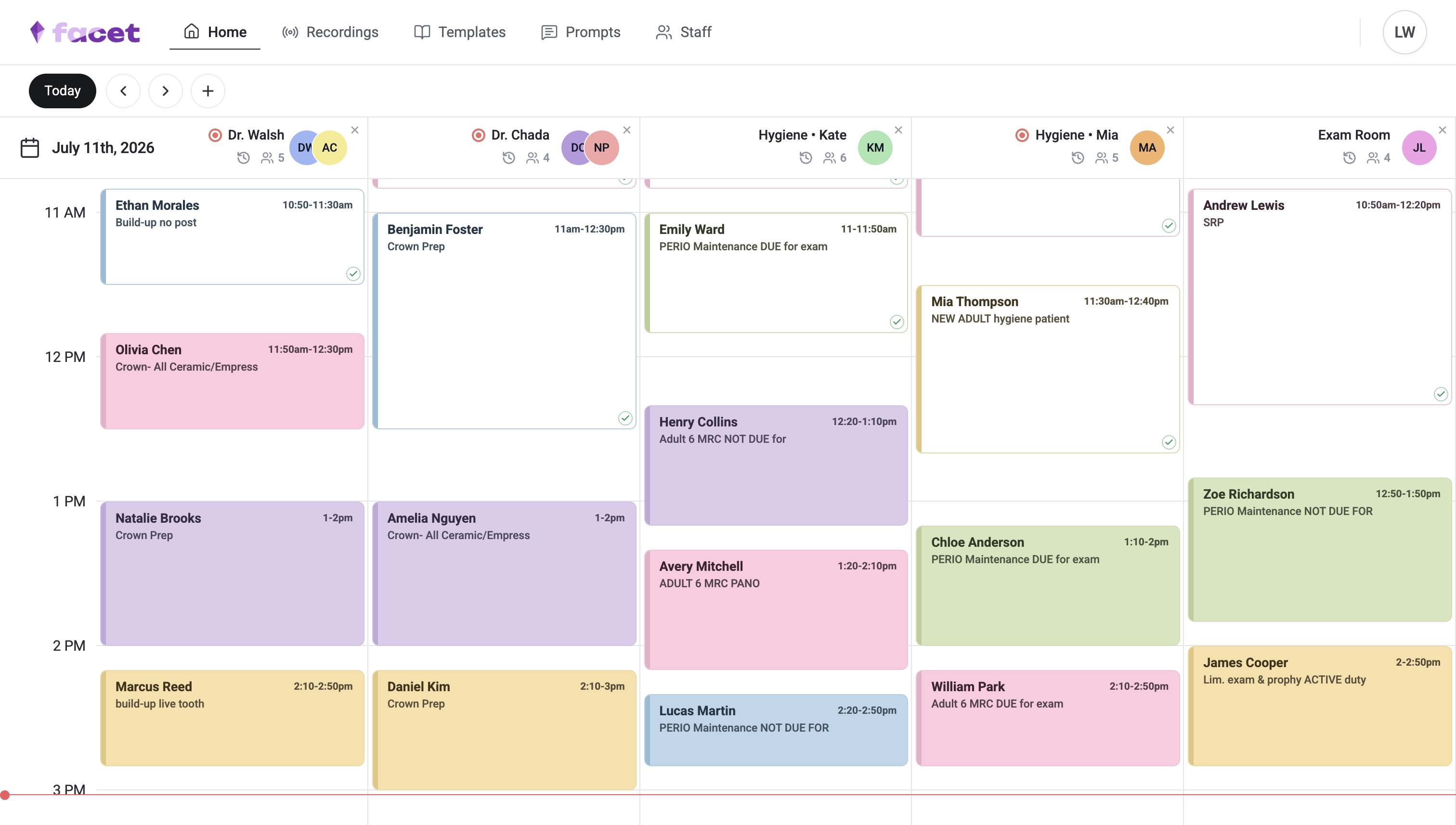 Facet daily dental schedule with provider columns and color-coded appointments